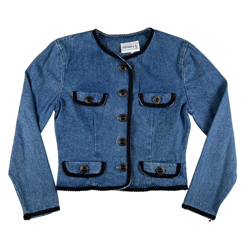 Vintage Studio L.A. Denim Jacket Womens 4 Collarless Button Cropped Made USA 80s